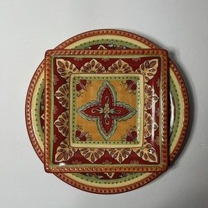 Espana Lifestyle Tangier 8" Square Salad Plate 8"x8" Hand Painted Red Green Gold